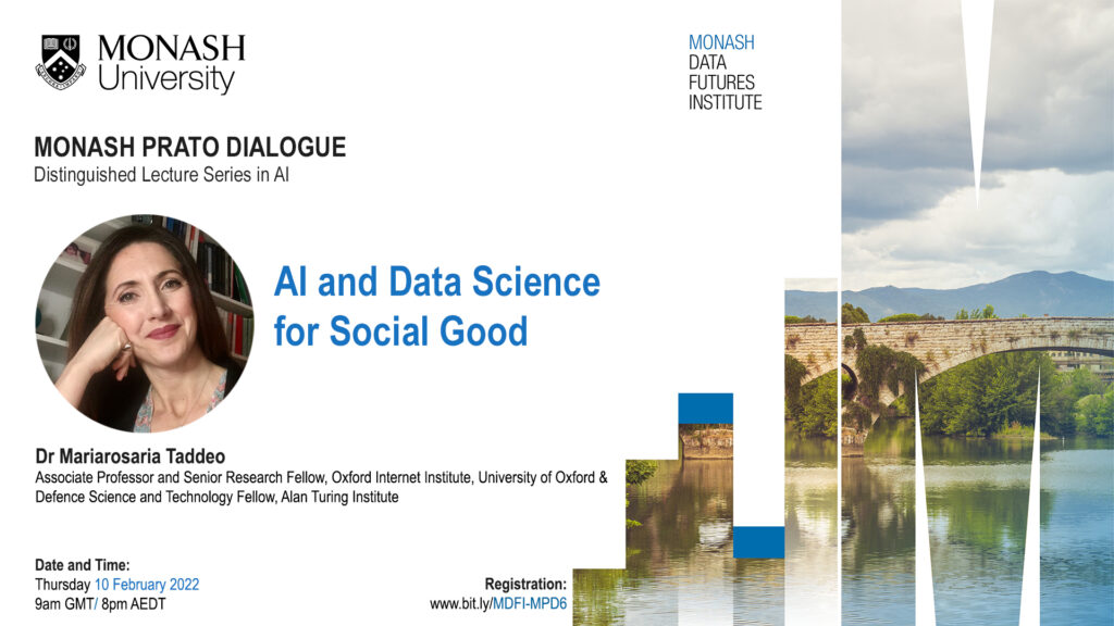 poster of Dr mariarosaria taddeo's lecture at Monash Prato Dialogue lecture series